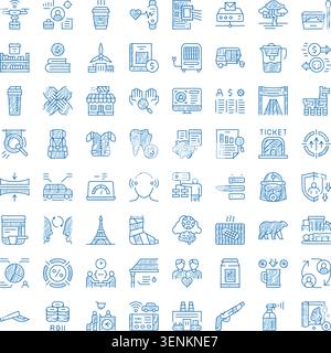 Set handgezeichneter blauer Kritzelsymbole, die eine breite Palette von Themen darstellen, darunter Technologie, Finanzen, Reisen, Energie, Gesundheit, und verschiedene Alltagsgegenstände Stock Vektor