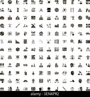 Große Sammlung von verschiedenen monochromen Glyphen-Symbolen, die verschiedene Konzepte darstellen, darunter Unternehmen, Technologie, soziale Medien, Finanzen, Gesundheit, und EV Stock Vektor