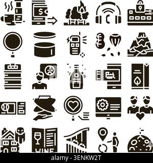 Diese schwarz-weiße Glyphe-Kollektion bietet eine breite Palette von Konzepten und bietet moderne Symbole, die verschiedene Themen von Technologie und F illustrieren Stock Vektor