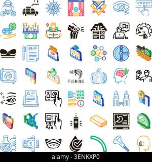 Set aus verschiedenen isometrischen Symbolen und Liniensymbolen, die eine breite Palette von Konzepten wie Business, Technologie, Lifestyle, Gesundheit, Finanzen, und der Industrie Stock Vektor