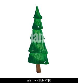Grüner Weihnachtsbaum, Aquarellillustration, Zeichentrickfilm. Handgezeichnete Abbildung. Design für Aufkleber, Karten, Scrapbooking. Wald, Natur, Baum Stockfoto