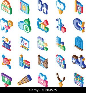 Buntes isometrisches Symbol auf weißem Hintergrund, das globale Themen und modernes Leben, Umwelt, Gesundheitswesen, Technologie, Bildung, Finanzen, c Stock Vektor