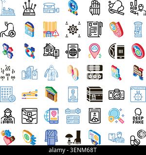 Große Sammlung verschiedener isometrischer Symbole und Umrisssymbole, die Konzepte wie globale Kommunikation, Gesundheit, Unternehmensmanagement und Datensicherheit darstellen Stock Vektor