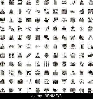 Große Sammlung von verschiedenen monochromen Glyphen-Symbolen, die Konzepte wie Unternehmen, Finanzen, Reisen, Gesundheit, Technologie, Bildung und Unterhaltung Stock Vektor
