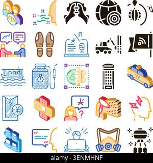 Satz von farbenfrohen flachen isometrischen Symbolen, die verschiedene Symbole in Bezug auf Geschäft, Kommunikation, Technologie, medizinische Angelegenheiten, Finanzaktivitäten, Stock Vektor