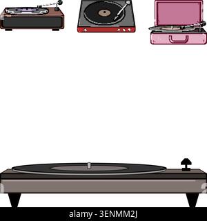 Sammlung von Retro-Plattenspielern und einem Plattenspieler, die die Liebe zum analogen Sound, zur Musikerkundung und zur Nostalgie klassischer Audiogeräte veranschaulichen Stock Vektor