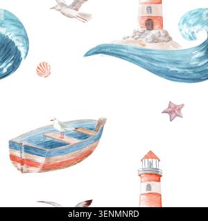 Watercolor Ruderboot, Leuchtturm, Ozeanwellen, Möwe, Seesterne, nahtloses Muschelmuster. Handgemaltes nautisches Design in sanftem Blau, Korallentönen für Stockfoto
