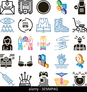 Satz von verschiedenen Konzeptfarben Linien Glyphe Symbole, die eine breite Palette von Themen darstellen, einschließlich Beziehungen, Finanzen, Sicherheit, Gemeinschaft, Gesundheit, und d Stock Vektor