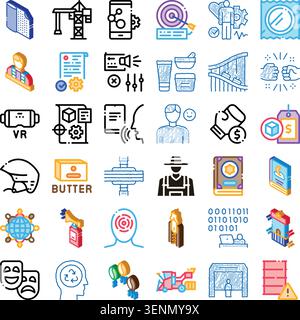 Set von bunten und umrissenen Symbolen, die eine breite Palette von Themen von Bau und Technologie bis zu Gesundheitswesen und Bildung veranschaulichen, symbolisieren die di Stock Vektor
