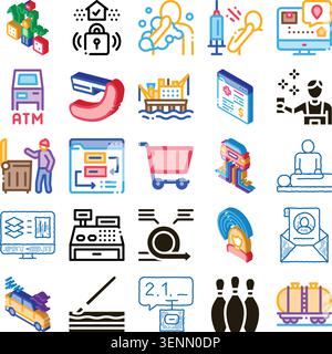 Sammlung von Konzepten und Umrisssymbolen, die verschiedene Dienstleistungen, Konsumgüter, Gesundheitswesen, Transport, Sicherheit, und Lifestyle-Apec Stock Vektor