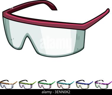 Schutzbrille mit violettem Rahmen und klaren Gläsern, die persönliche Schutzausrüstung darstellen, die für Gesundheit, Arbeit, Wissenschaft und Schutz in entscheidend ist Stock Vektor
