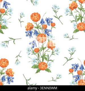 Nahtloses Aquarellmuster mit einem Blumenstrauß aus Bergblumen Stockfoto