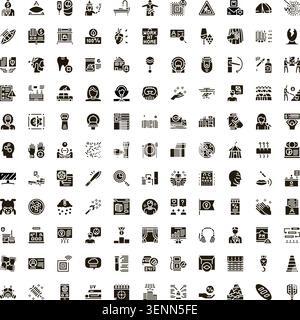 Große Sammlung verschiedener monochromer Glyphicons, die verschiedene Konzepte, Aktivitäten und Objekte aus Wirtschaft, Technologie, Gesundheit und Leben darstellen Stock Vektor