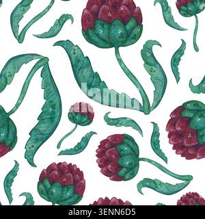 Nahtloses Muster von Artischockenblüten, handgezeichnete Aquarellillustration, Cartoon. Design für Aufkleber, Karten, Scrapbooking. Pflanze, grün, rosa Stockfoto