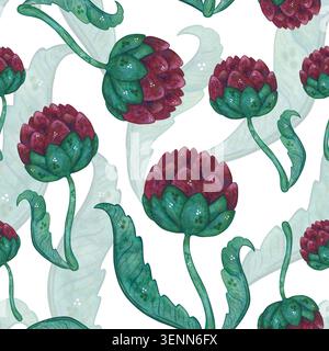Nahtloses Muster von Artischockenblüten und -Blättern, handgezeichnete Aquarellillustration, Cartoon. Design für Aufkleber, Karten, Scrapbooking. Pflanze, grün Stockfoto
