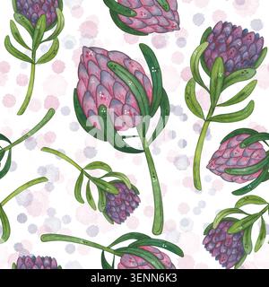 Ein nahtloses Muster aus Protea-Blumen und Aquarellflecken, eine handgezeichnete Aquarellillustration, Cartoon. Design für Aufkleber, Karten und Scrapbooking Stockfoto