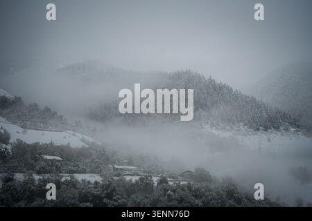 Aus der Vogelperspektive ist ein dichter Winternebel, der schneebedeckte Nadelwälder und Berghänge in Georgien bedeckt. Verstreute Wohnungen von A Stockfoto