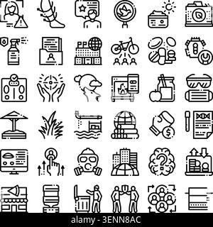 Verschiedene Line Art-Symbole, die verschiedene Konzepte abdecken, darunter Unternehmen, Technologie, Finanzen, Gesundheit, Umwelt, Wissenschaft und soziale Interaktion, Stock Vektor