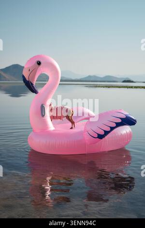 Yorkshire Terrier Hund sitzt auf aufblasbarem Flamingo auf still See. Minimale Sommerszene im Freien mit ruhigem Wasser und Reflexionen. Stockfoto