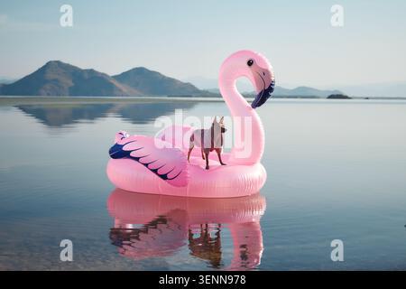 Yorkshire Terrier-Hund sitzt auf aufblasbarem Flamingo im offenen See. Friedliche Sommerszene, geeignet für Reise- und Lifestyle-Konzepte. Stockfoto