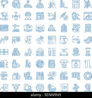 Sammlung von blauen handgezeichneten Doodle-Ikonen, die eine breite Palette von Geschäfts-, Technologie-, Sozial-, Reise- und persönlichen Gesundheitskonzepten auf einer weißen Ba präsentieren Stock Vektor