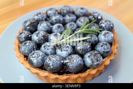 Schöne runde französische Heidelbeertorte mit scharfer selektiver Fokussierung auf frische Beeren Stockfoto