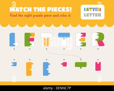 Letters Puzzle Labyrinth Spiel. Lernspaß für Kinder, Zusammenstellen von Wörtern aus Farbstücken, grundlegende Alphabetaktivitäten für Kinder, Lernen für Kinder Stock Vektor
