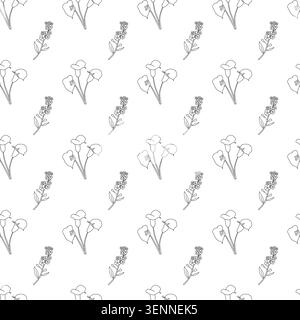 Nahtloses Blumenmuster mit alternierenden glockenförmigen Blüten und gruppierten runden Blüten in minimalistischer schwarzer Linienart, diagonal auf weiß angeordnet Stockfoto