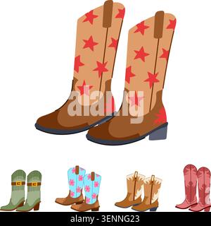 Kollektion mit verschiedenen Stiefeln, darunter klassische Cowboystile, westliche Schuhe mit Stern- und Blumenmuster sowie andere Freizeitschuhe Stock Vektor