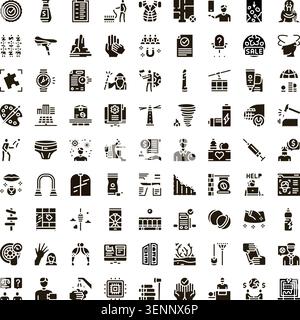 Vielfältige Sammlung von Symbolen für Schwarzweiß-Glyphen, die eine Vielzahl von Geschäftskonzepten, Gesundheitselementen und abstrakten Symbolen für verschiedene ap veranschaulichen Stock Vektor