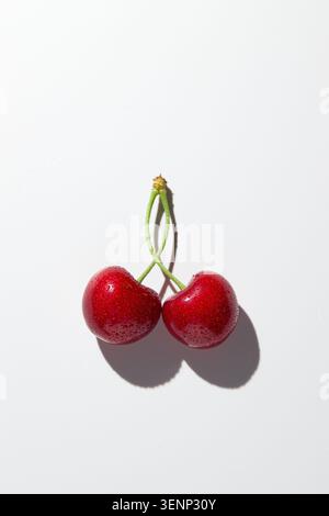 Zwei organische rote Kirschen bedeckt mit Wassertröpfchen auf weißem Hintergrund. Stockfoto