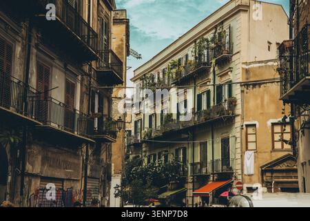 Palermo, Sizilien, Italien, 20. Juni 2025 Alte Straße mit verwitterten Gebäuden Balkone voller Pflanzen und Café-Regenschirme in der Altstadt. Hoher ph-Wert Stockfoto