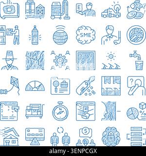 Blaue handgezeichnete Symbole veranschaulichen Geschäfts-, Industrie-, Umwelt- und Technologiekonzepte Finanzen, Logistik, HR, Nachhaltigkeit, Energie, E Commer Stock Vektor