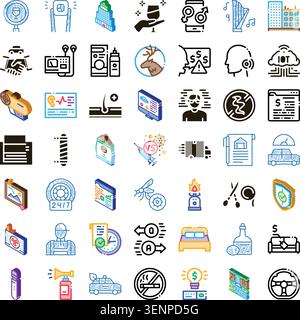 Große Sammlung verschiedener Isometrien und Umrisssymbole, die verschiedene Konzepte wie Wirtschaft, Technologie, Medizin, Umwelt, Verkehr veranschaulichen Stock Vektor