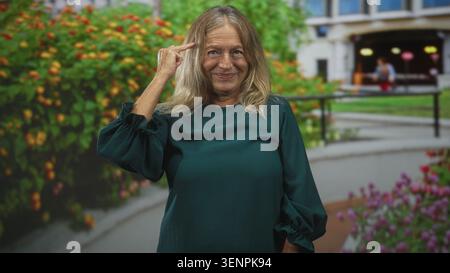 Eine ältere Frau in grüner Bluse zeigt mit dem Finger auf den Tempel und lächelt in der Nähe eines Gebäudeeingangs mit Garten und Gehweg; amüsierte Neugier. Stockfoto