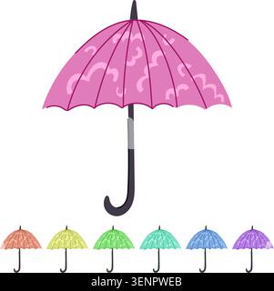 Violetter Regenschirm mit verspieltem hellviolettem Wellenmuster bietet Schutz vor Regen und ist ein lebendiges, stylisches Accessoire für vielfältige Kleidung Stock Vektor
