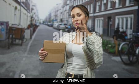 Frau mit Pappkarton zeigt mit direktem Blick und Klebeband den Finger auf der Straße nach vorne; fest durchsetzungsfähig. Stockfoto