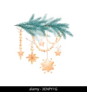 Tannenzweig in Aquarellfarben mit Perlgirlanden und Sternornamenten. Handgezeichnete isolierte Weihnachtsillustration mit Goldperlen Stockfoto