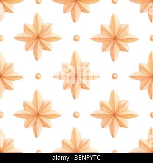 Nahtloses Weihnachtsmuster in Aquarellfarben mit goldenen Sternen und Perlen. Handgezeichneter festlicher geometrischer Hintergrund Stockfoto