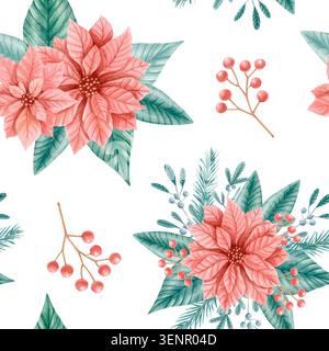 Nahtloses Weihnachtsmuster mit Weihnachtsstern, Beeren und Wintergrün. Handgezeichnetes festliches Design Stockfoto