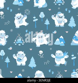 Nahtloses Zeichentrickmuster Yeti. Winterdruck mit lustigen Bigfoot-Charakteren, flauschigem Yeti. Kindliches Design für Stoff, Verpackung, heutzutage Stock Vektor