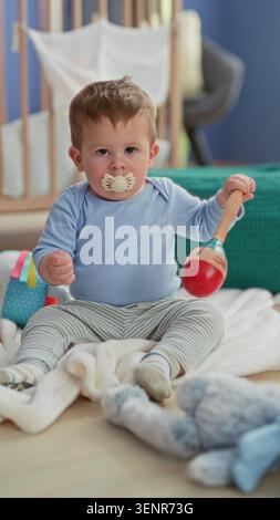 Kleinkind Junge, der auf einer Decke sitzt, Holzrassel hält und Plüschtier mit Schnuller im Mund in der Nähe eines Kinderbetts berührt; Neugier. Stockfoto
