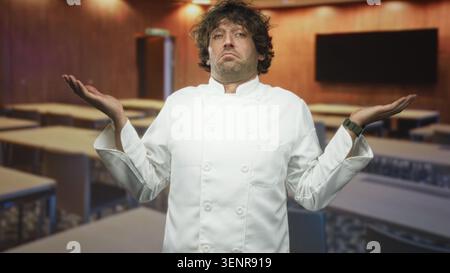 Küchenchef in weißer Uniform, Sträucher mit Handflächen nach oben, Hände sichtbar in einem Besprechungsraum des Gebäudes; Unsicherheit. Stockfoto