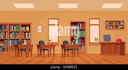 Innenraum der Schulbibliothek. Bücherregale und Bücherregale, Schreibtische zum Studieren und Lesen. Cartoon öffentlicher Stadtplatz mit Büchern für Kinder und Erwachsene, sapid Stock Vektor