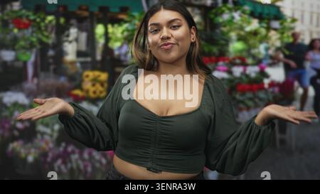 Frau zuckt mit den Händen, entblößte Brust auf einem geschäftigen Straßenblumenmarkt, während sie lächelt und sich zwischen Blumensträußen posiert; spielerische Leichtigkeit. Stockfoto
