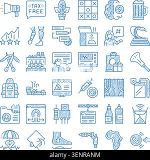 Set aus verschiedenen abstrakten Konzepten und Themen, dargestellt durch handgezeichnete blaue Umrisssymbole, die verschiedene Ideen von Technologie und Medizin bis hin zu b veranschaulichen Stock Vektor