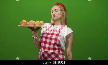 Die Chefin in roter karierter Schürze hält ein hölzernes Tablett mit Muffins und zeigt den Finger auf die Kamera im Studio; lustiges Backen. Stockfoto
