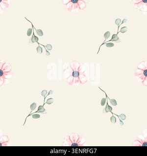 Nahtloses Blumenmuster in Aquarellfarben. Anemonenblume und Eukalyptus auf rosa Hintergrund. Perfekt für Babygewebe, Babytapeten, Geschenkpapier. Stockfoto