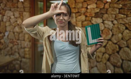Junge Frau mit grünem Lernschild am Hauseingang durch die Tür, die ein Zeichen auf der Stirn mit skeptischem Ausdruck macht; Spott. Stockfoto