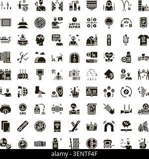 Sammlung minimalistischer schwarz-weißer Glyphen-Symbole, die verschiedene Dienstleistungsbranchen und professionelle Reparatur, Finanzen, Gesundheitswesen, Bildungswesen repräsentieren Stock Vektor